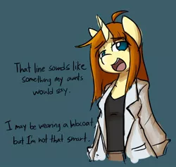 Size: 1280x1211 | Tagged: safe, artist:spheedc, derpibooru import, oc, oc:honey desire, unofficial characters only, semi-anthro, unicorn, ahoge, clothes, digital art, female, lab coat, mare, shorts, simple background, solo, speech, talking, tanktop