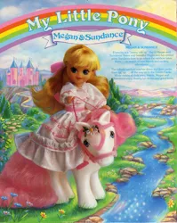 Size: 809x1016 | Tagged: backcard, bow, bridle, derpibooru import, dream castle, g1, hair bow, humans riding ponies, megan williams, official, pony ride, riding, river, safe, story, sundance, tack, tail bow