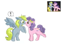 Size: 916x670 | Tagged: safe, artist:fizcat, artist:fizpup, derpibooru import, derpy hooves, suri polomare, earth pony, pegasus, pony, blind bag, boop, bow, exclamation point, female, hair bow, lesbian, mare, noseboop, photo, shipping, simple background, speech bubble, surihooves, toy, white background