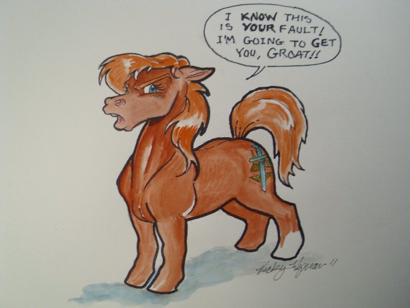 Size: 1280x960 | Tagged: safe, artist:vickywyman, derpibooru import, oc, oc:red shetland, unofficial characters only, pony, shetland pony, 2011, cutie mark, hoers, red shetland, signature, solo, traditional art