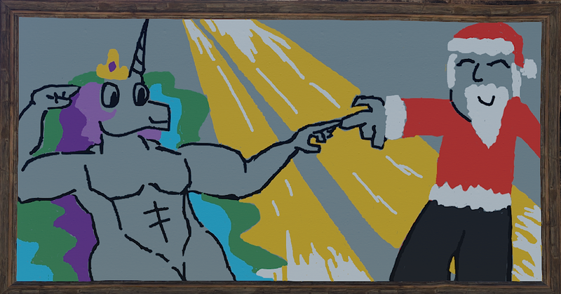 Size: 1106x579 | Tagged: 1000 hours in ms paint, alicorn, anthro, artist:lyracorn, brolestia, christmas, crepuscular rays, derpibooru import, female, hat, holiday, human, muscles, muscular female, princess celestia, princess musclestia, rust, safe, santa claus, santa hat, the creation of adam, video game