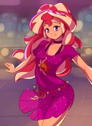 Size: 2200x3000 | Tagged: safe, artist:rockset, derpibooru import, sunset shimmer, equestria girls, equestria girls series, spring breakdown, spoiler:eqg series (season 2), clothes, cute, cutie mark, cutie mark on clothes, dress, high res, looking at you, shimmerbetes, smiling, solo