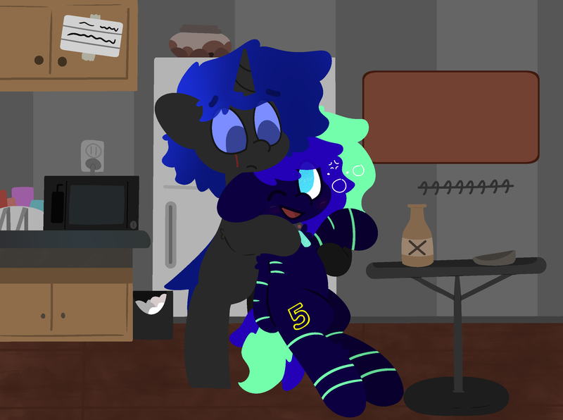 Size: 2500x1863 | Tagged: safe, artist:moonydusk, derpibooru import, oc, oc:mewu, oc:moonstone mark, changeling, pegasus, pony, blue changeling, cupboard, drunk, drunk bubbles, kitchen, male, microwave, outlet, plug, refrigerator, stallion, trash can