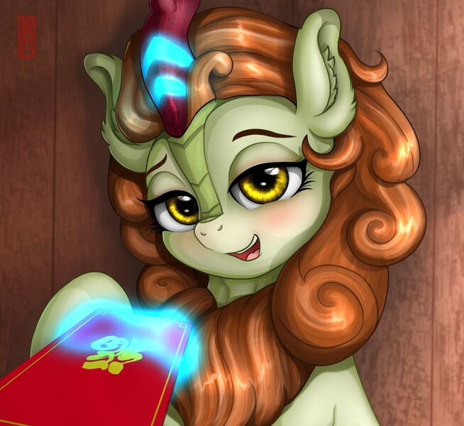 Size: 1280x1175 | Tagged: alternate version, artist:celsian, autumn blaze, chinese new year, chinese text, derpibooru import, ear fluff, female, first person view, kirin, levitation, lidded eyes, looking at you, magic, magic aura, offscreen character, open mouth, pov, raised hoof, safe, smiling, solo, telekinesis