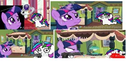 Size: 1364x660 | Tagged: semi-grimdark, artist:minecake, derpibooru import, twilight sparkle, oc, oc:cake sparkle, 1000 hours in ms paint, blood, comic, forced marriage, gun, needs more jpeg, vulgar, wat, weapon