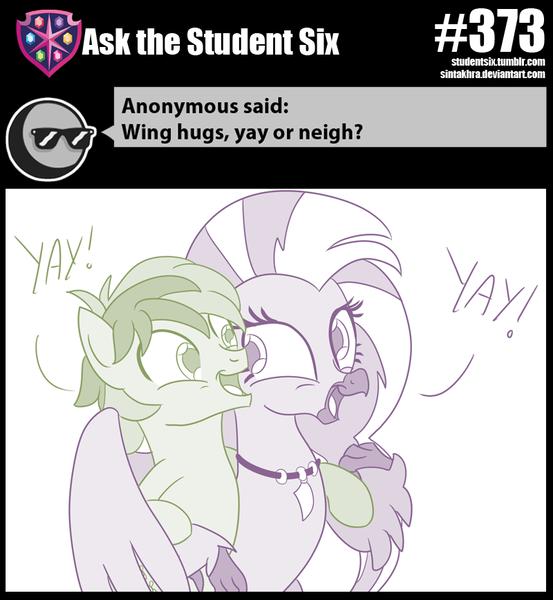 Size: 800x868 | Tagged: safe, artist:sintakhra, derpibooru import, sandbar, silverstream, classical hippogriff, earth pony, hippogriff, pony, tumblr:studentsix, cute, diastreamies, female, hug, male, sandabetes, winghug, yay