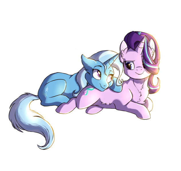 Size: 2516x2384 | Tagged: safe, artist:shimazun, derpibooru import, starlight glimmer, trixie, pony, unicorn, chest fluff, female, happy, lesbian, looking at each other, lying down, mare, pony pillow, prone, shipping, simple background, smiling, snuggling, startrix, sunshine, transparent background