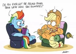 Size: 1024x728 | Tagged: safe, artist:bobthedalek, derpibooru import, applejack, rainbow dash, pony, the last problem, book, chair, cider, clothes, female, implied appledash, implied lesbian, implied shipping, mare, not shipping, older, older applejack, older rainbow dash, recliner, roommates, sappho and her friend, shipping denied, simple background, spit take, white background