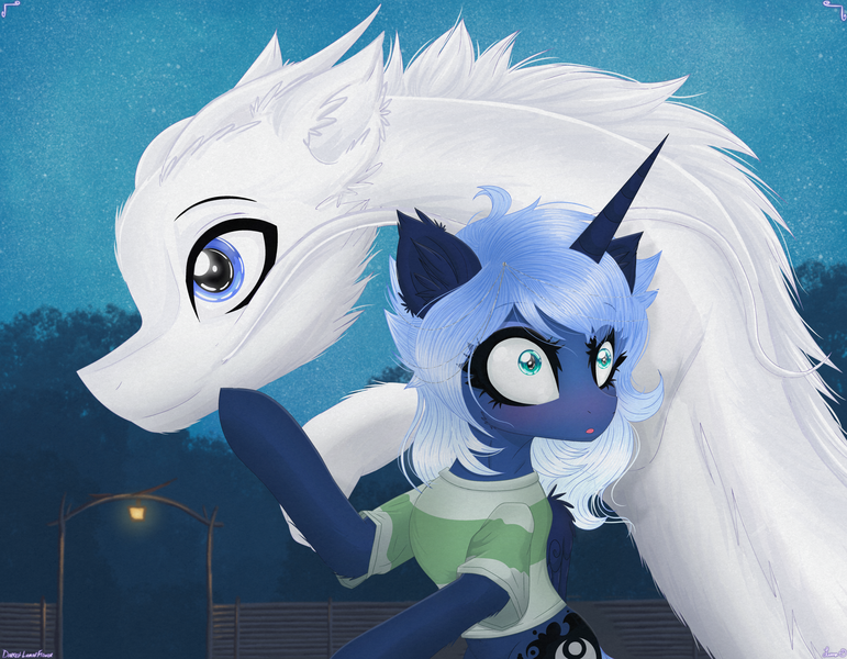 Size: 4539x3534 | Tagged: safe, artist:darkest-lunar-flower, derpibooru import, princess luna, oc, oc:zefiroth, alicorn, dragon, pony, chihiro ogino, clothes, dragon oc, female, fence, haku, lantern, male, mare, night, ponies wearing clothing, shirt, spirited away, surprised, t-shirt