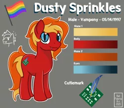 Size: 1842x1597 | Tagged: safe, artist:redpalette, derpibooru import, oc, oc:dusty sprinkles, unofficial characters only, pony, vampire, vampony, cutie mark, fangs, flag, gray background, looking at you, male, pride, pride flag, reference sheet, simple background, smiling, solo, stallion