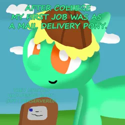 Size: 1000x1000 | Tagged: amber eyes, artist:artdbait, cloud, delivery, delivery pony, derpibooru import, green fur, hat, implied racism, oc, oc:goldy, outdoors, package, safe, series:goldy and hazard, simple background, simple shading, smiling, solo, working, yellow mane