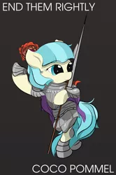 Size: 1000x1509 | Tagged: safe, artist:vultraz, derpibooru import, coco pommel, earth pony, pony, armor, bipedal, end him rightly, female, gray background, hoof hold, mare, medieval, pun, simple background, solo, spear, sword, throwing, visual pun, weapon