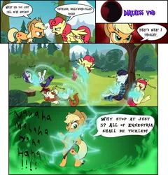 Size: 3162x3298 | Tagged: safe, artist:darktailsko, derpibooru import, applejack, autumn blaze, coloratura, rarity, strawberry sunrise, torque wrench, earth pony, kirin, pegasus, pony, unicorn, accent, angry, applejack gets all the mares, applejack's hat, bipedal, comic, commission, cowboy hat, eyes closed, eyeshadow, female, hat, headband, laughing, mad with power, makeup, mare, open mouth, raised hoof, raised leg, staff, staff of sacanas, tickle torture, tickling, tree, underhoof