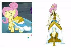 Size: 1280x869 | Tagged: safe, artist:ponyretirementhome, derpibooru import, edit, screencap, fluttershy, rarity, pegasus, pony, equestria girls, fake it 'til you make it, alternate hairstyle, boots, clothes, crown, dress, eyes closed, eyeshadow, female, hair over one eye, high heel boots, hoof shoes, jewelry, lipstick, makeup, mare, raised hoof, regalia, shoes, simple background, solo focus, warrior of inner strength, white background