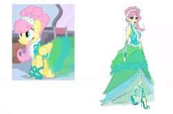 Size: 1280x849 | Tagged: safe, artist:ponyretirementhome, derpibooru import, edit, screencap, fluttershy, pegasus, pony, equestria girls, green isn't your color, alternate hairstyle, blushing, clothes, dress, ear piercing, earring, eyeshadow, feet, female, high heels, hoof wraps, jewelry, lipstick, makeup, mare, modelshy, piercing, shoes, simple background, solo, white background