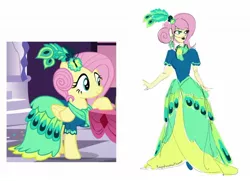 Size: 1280x929 | Tagged: safe, artist:ponyretirementhome, derpibooru import, edit, screencap, fluttershy, pegasus, pony, equestria girls, make new friends but keep discord, alternate hairstyle, clothes, dress, ear piercing, earring, feather, female, flats, gala dress, jewelry, lipstick, mare, piercing, raised hoof, scarf, shoes, simple background, solo, table, white background