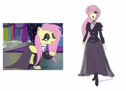 Size: 1280x926 | Tagged: safe, artist:ponyretirementhome, derpibooru import, edit, screencap, fluttershy, human, pegasus, pony, equestria girls, fake it 'til you make it, alternate hairstyle, boots, choker, clothes, dress, ear piercing, earring, eyeshadow, female, fluttergoth, goth, hoof shoes, humanized, jewelry, lipstick, long skirt, makeup, mare, piercing, raised hoof, shoes, simple background, skirt, solo, white background