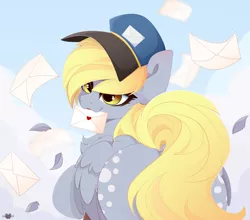 Size: 5000x4400 | Tagged: safe, alternate version, artist:xsatanielx, derpibooru import, derpy hooves, pegasus, pony, absurd resolution, both cutie marks, chest fluff, cute, derpabetes, female, hat, letter, looking back, mailmare, mare, mouth hold, rcf community, rear view, smiling, solo, strategically covered