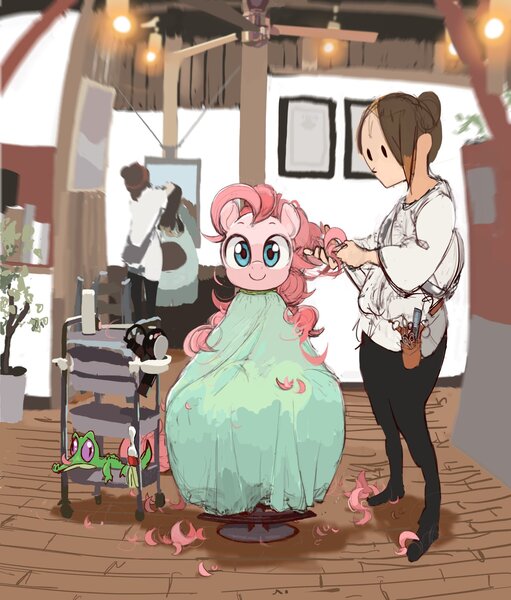 Size: 1744x2048 | Tagged: safe, artist:cottonbudfilly, derpibooru import, gummy, pinkie pie, alligator, earth pony, human, pony, accessories, barber, barbershop, bonsai, brush, c:, ceiling fan, clothes, comb, cute, diapinkes, female, flower pot, grooming, gummybetes, hair dryer, haircut, hairdresser, human world, lights, looking at you, manecut, mare, mirror, pot, sanex strip, scissors, smiling, woman, wooden floor