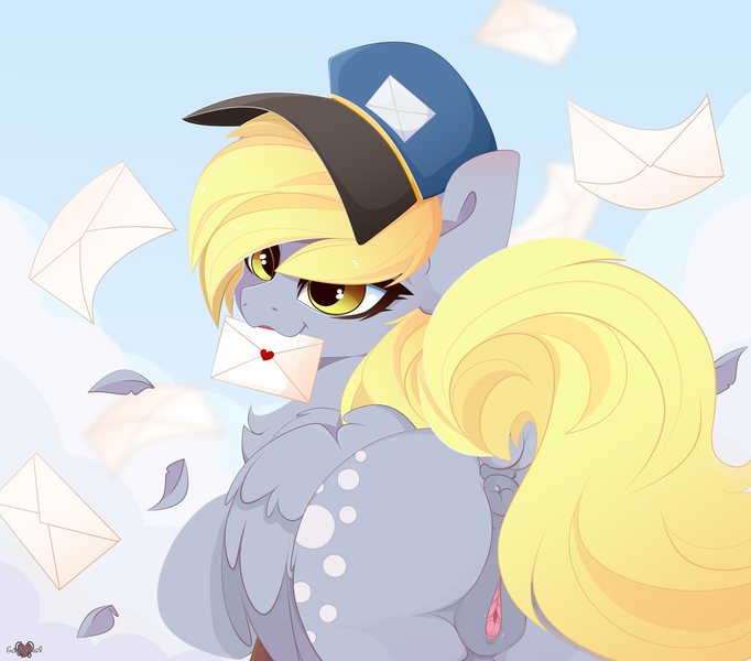 Size: 5000x4400 | Tagged: explicit, alternate version, artist:xsatanielx, derpibooru import, derpy hooves, pegasus, pony, anatomically correct, anus, bubble butt, butt, clitoris, dock, feather, female, hat, letter, looking back, mailmare, mare, mouth hold, nudity, plot, ponut, rcf community, smiling, solo, solo female, vulva, vulvar winking