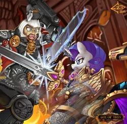 Size: 1280x1244 | Tagged: safe, artist:eztp, derpibooru import, rarity, human, pony, unicorn, fanfic, fanfic:iron hearts, adepta sororitas, alternate universe, armor, bolter, chaos, combat, commission, crossover, duo, fanfic art, fanfic cover, female, gun, iron warriors, magic, mare, power armor, power sword, sword, sword fight, sword rara, telekinesis, this will end in pain, warhammer (game), warhammer 40k, weapon, woman