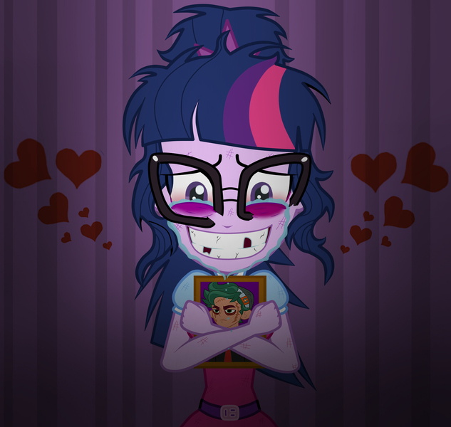 Size: 1900x1800 | Tagged: semi-grimdark, artist:mashoart, derpibooru import, sci-twi, timber spruce, twilight sparkle, equestria girls, abuse, abusive relationship, black eye, broken, broken glasses, broken teeth, crying, domestic abuse, female, heart, holding, male, messy hair, picture, scitwibuse, shipping, smiling, teeth, timber spruce drama, twilybuse