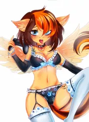 Size: 1240x1700 | Tagged: suggestive, artist:melfy, derpibooru import, oc, oc:aerion featherquill, unofficial characters only, anthro, pegasus, anthro oc, belly button, black underwear, blushing, bow, bra, bracelet, breasts, cleavage, clothes, collar, controller, ear fluff, female, flower pattern underwear, frilly underwear, garter belt, jewelry, lingerie, looking at you, mare, open mouth, panties, ribbon, simple background, socks, solo, solo female, stockings, thigh highs, tongue out, underwear