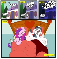 Size: 2892x2995 | Tagged: suggestive, artist:teabucket, deleted from derpibooru, derpibooru import, edit, princess cadance, shining armor, alicorn, pony, unicorn, comic:satisfaction guaranteed, bed, blushing, comic, cropped, female, floppy horn, horn, implied sex, magic, male, mare, night, open mouth, princess cadance is always horny, rough sex, sex, shiningcadance, shipping, sleeping, stallion, straight, swirly eyes, that pony sure does love sex, this ended in snu snu, tongue out