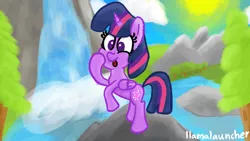 Size: 3840x2160 | Tagged: safe, artist:llamalauncher, derpibooru import, twilight sparkle, twilight sparkle (alicorn), alicorn, rock, solo, starry eyes, sun, tongue out, tree, waterfall, wingding eyes