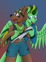 Size: 3024x4032 | Tagged: safe, artist:tacomytaco, derpibooru import, oc, oc:taco.m.tacoson, oc:ziggy, unofficial characters only, anthro, otter, pegasus, pony, blushing, briefs, clothes, goggles, gradient background, hand, hoodie, hug, male, pain, shorts, spread wings, underwear, wedgie, wings