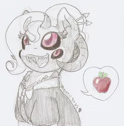 Size: 682x691 | Tagged: safe, artist:ravenpuff, deleted from derpibooru, derpibooru import, oc, oc:witchcraft, demon, demon pony, original species, pony, apple, blouse, cute, fangs, female, food, four eyes, horns, multiple eyes, sharp teeth, solo, speech bubble, teeth, traditional art