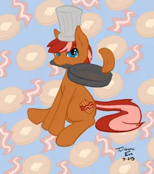 Size: 885x1000 | Tagged: safe, artist:torishimaeve, derpibooru import, oc, oc:bacon pancakes, unofficial characters only, earth pony, pony, bacon, butter, chef, chef's hat, food, frying pan, hat, implied ponies eating meat, male, meat, mouth hold, pan, pancakes, sitting, solo, stallion