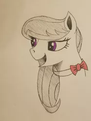 Size: 1535x2048 | Tagged: safe, artist:polar_storm, derpibooru import, octavia melody, earth pony, pony, bowtie, bust, happy, monochrome, neo noir, partial color, purple eyes, simple background, sketch, solo, traditional art, white background