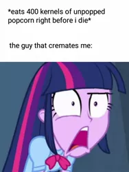 Size: 1080x1440 | Tagged: grimdark, derpibooru import, edit, edited screencap, editor:shyinka, screencap, twilight sparkle, human, equestria girls, caption, cremation, death, exploitable meme, faic, food, meme, popcorn, shocked, solo