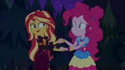 Size: 1920x1080 | Tagged: safe, derpibooru import, screencap, pinkie pie, sunset shimmer, equestria girls, equestria girls series, sunset's backstage pass!, spoiler:eqg series (season 2), geode of empathy, geode of sugar bombs, magical geodes, music festival outfit