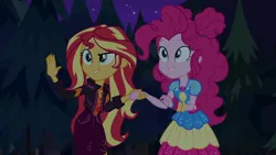 Size: 1920x1080 | Tagged: safe, derpibooru import, screencap, pinkie pie, sunset shimmer, equestria girls, equestria girls series, sunset's backstage pass!, spoiler:eqg series (season 2), geode of empathy, geode of sugar bombs, magical geodes, music festival outfit