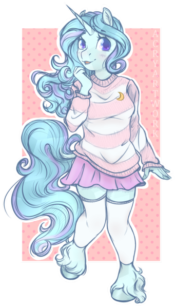 Size: 1920x3360 | Tagged: safe, artist:acry-artwork, derpibooru import, oc, oc:winter doodle, unofficial characters only, anthro, unguligrade anthro, unicorn, abstract background, anthro oc, blushing, clothes, cute, female, heart eyes, leg warmers, mare, miniskirt, moe, outline, skirt, solo, sweater, unshorn fetlocks, white outline, wingding eyes