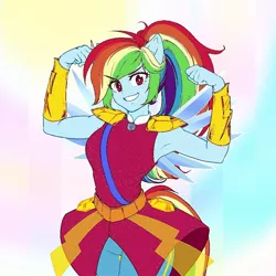 Size: 954x954 | Tagged: safe, alternate version, artist:rileyav, derpibooru import, rainbow dash, equestria girls, armpits, commission, crystal guardian, crystal wings, cute, dashabetes, female, flexing, looking at you, ponied up, pony ears, solo, wings
