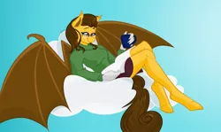 Size: 1280x764 | Tagged: anthro, artist:cadetredshirt, bat wings, cell shaded, claws, clothes, cloud, commission, cup, derpibooru import, female, glasses, hippogriff, long tail, oc, oc:hotkey, reading, safe, simple background, sweater, unofficial characters only, wings, ych result