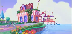 Size: 1155x540 | Tagged: safe, composite screencap, derpibooru import, edit, edited screencap, screencap, cotton candy (g3), minty, pinkie pie (g3), razzaroo, sweetberry, earth pony, pony, a charming birthday, boat, cotton candy cafe, female, g3, mare, scenery