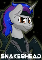 Size: 1280x1793 | Tagged: safe, artist:cadetredshirt, derpibooru import, oc, unofficial characters only, pony, unicorn, badge, clothes, five o'clock shadow, headband, horn, looking at camera, looking at you, male, stallion, two toned mane