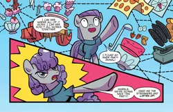 Size: 2160x1397 | Tagged: safe, artist:kate sherron, derpibooru import, idw, maud pie, earth pony, pony, spoiler:comic, spoiler:comic86, alternate hairstyle, behaving like pinkie pie, bowl, curly mane, food, fork, ice cream, knife, ladle, maudie pie, punch (drink), punch bowl, record, record player, spoon, table, twister