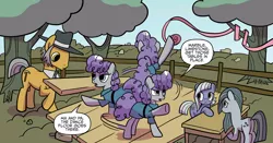 Size: 2160x1130 | Tagged: safe, artist:kate sherron, derpibooru import, idw, igneous rock pie, limestone pie, marble pie, maud pie, earth pony, spoiler:comic, spoiler:comic86, alternate hairstyle, behaving like pinkie pie, curly mane, dance floor, maudie pie, rock farm, streamers, table, tree