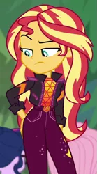 Size: 501x903 | Tagged: safe, derpibooru import, screencap, fluttershy, sci-twi, sunset shimmer, twilight sparkle, equestria girls, equestria girls series, sunset's backstage pass!, spoiler:eqg series (season 2), butt rub, butt touch, cropped, geode of empathy, hand on butt, literal butthurt, magical geodes, music festival outfit, pain