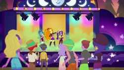 Size: 1920x1080 | Tagged: safe, derpibooru import, screencap, adagio dazzle, aria blaze, hunter hedge, lemon zack, microchips, snow flower, sonata dusk, space camp (character), equestria girls, equestria girls series, sunset's backstage pass!, spoiler:eqg series (season 2), mic drop, the dazzlings