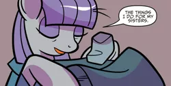 Size: 1018x514 | Tagged: safe, artist:kate sherron, derpibooru import, idw, boulder (pet), maud pie, earth pony, pony, spoiler:comic, spoiler:comic86, equestria's best big sister, eyes closed, female, mare, smiling, speech, talking, when she smiles