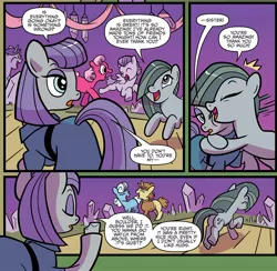 Size: 1949x1905 | Tagged: safe, artist:kate sherron, derpibooru import, idw, boulder (pet), marble pie, maud pie, unnamed character, unnamed pony, earth pony, pegasus, pony, unicorn, spoiler:comic, spoiler:comic86, a happy ending for marble pie, background pony, blank flank, equestria's best big sister, female, happy, hug, mare, siblings, sisters, when she speaks