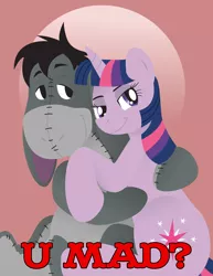 Size: 2550x3300 | Tagged: adjustment burro, artist:inspectornills, bedroom eyes, cuddling, derpibooru import, edit, eeyore, grin, hug, logo, looking at you, mad magazine, mad (tv series), safe, smiling, text edit, twilight sparkle, twiyore, u mad