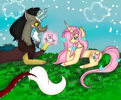 Size: 1024x846 | Tagged: safe, artist:lpsxbox360official, derpibooru import, discord, fluttershy, butterfly, draconequus, pony, unicorn, leak, spoiler:g5, discord (g5), female, fluttershy (g5), g5, mare, redesign, unicorn fluttershy