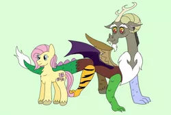 Size: 1280x860 | Tagged: safe, artist:fluttercord45, derpibooru import, discord, fluttershy, draconequus, earth pony, pony, leak, spoiler:g5, discord (g5), earth pony fluttershy, female, fluttershy (g5), g5, hooves, mare, redesign